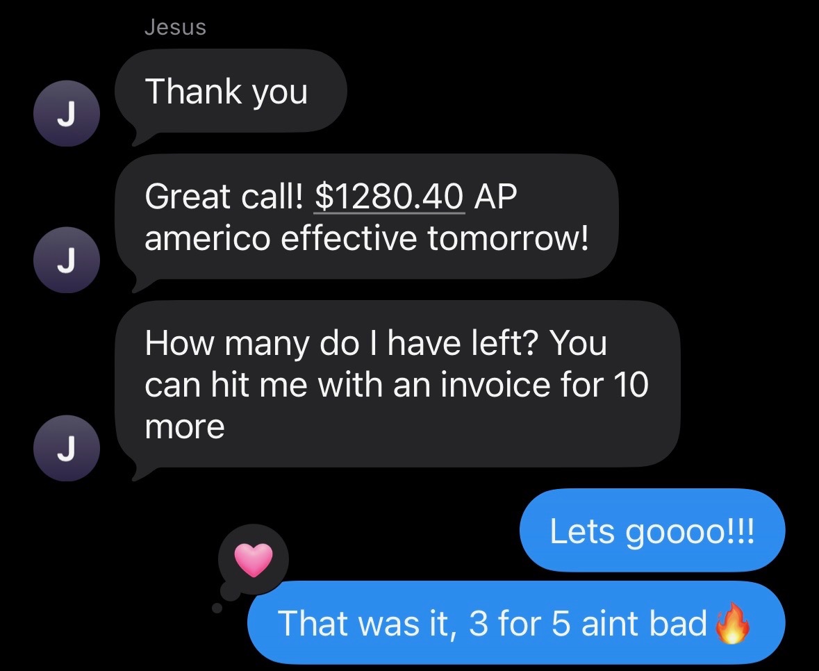 Customer-reported sale, $1,280 AP